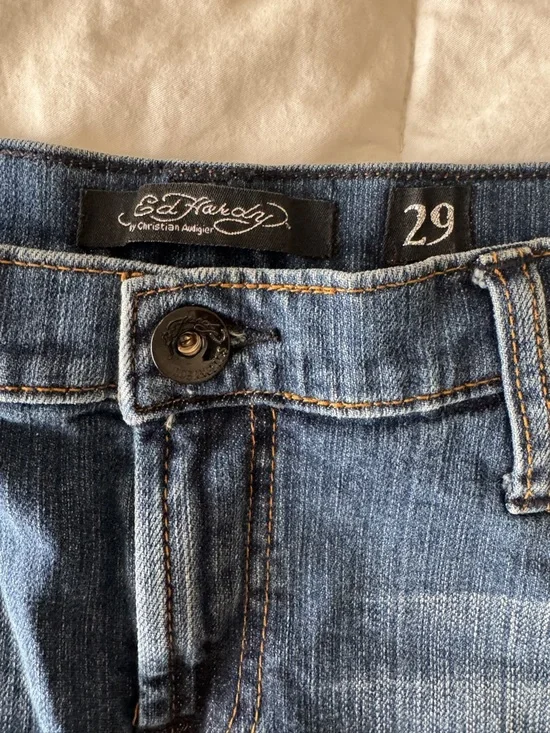 Vintage Ed Hardy Denim Mini Skirt sz 29 Y2K Love Kills Slowly Graphic Distressed - Picture 7 of 9